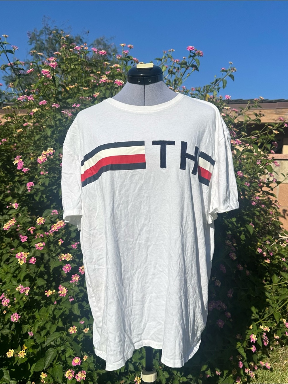 Tommy Hilfiger White Crew Tee with Red & Navy Stripe Accent Size XL